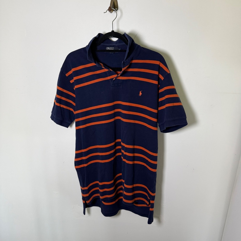 Polo Ralph Lauren Mens XL Polo Shirt Navy Blue‎ Orange Striped Short Sleeve Golf - Picture 3 of 13